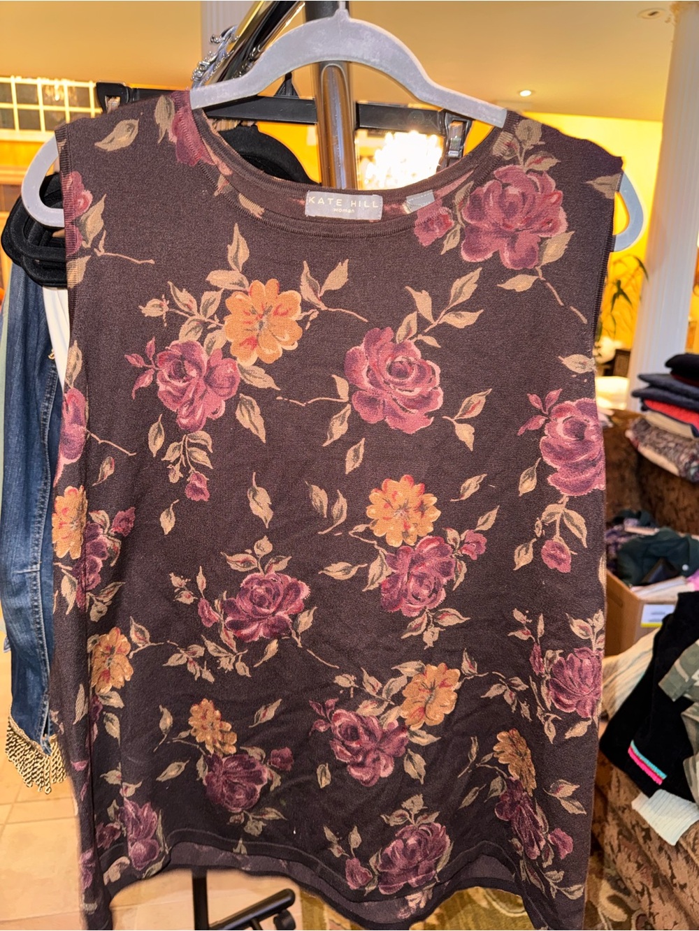 Kate Hill Brown Floral Sleeveless Tank with Pink & Gold Roses